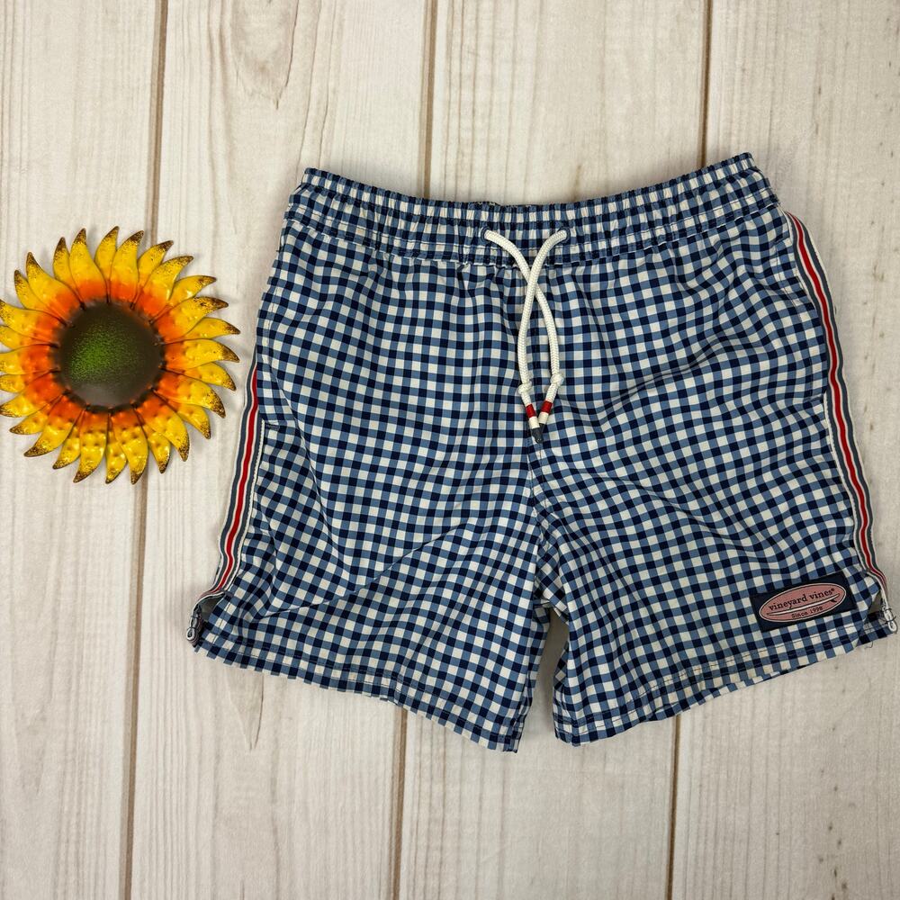 Vineyard Vines Boys Gingham Swim Trunks Size 7 Navy White Elastic Waist